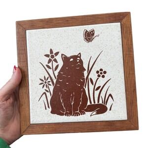 Vintage Cat Art Tile Trivet Hotplate Ceramic Wood Handcrafted MCM Decor USA 7.5"